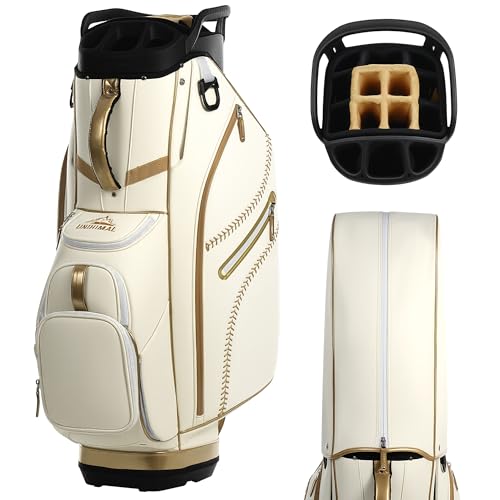 uniHimal Golf Cart Bag with 14-Way Full-Length Dividers, Premium PU Leather Golf Bag for Men Women with Plush Top, Magnetic Pocket and Rain Cover, Lightweight Golf Club Bag Includes Cooler Pockets - color: Beige Gold