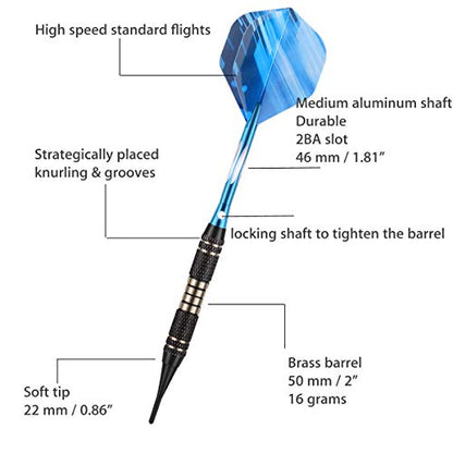 Soft tip Darts Set 18/20 Grams - Professional Darts Plastic Tip with Brass Barrel + Aluminum Shafts + 50 Rubber o-Ring + 6 Flights +50 Soft Tips for Electronic Dartboard - color: 18g-BLUE
