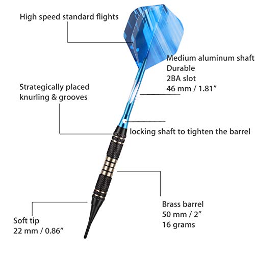 Soft tip Darts Set 18/20 Grams - Professional Darts Plastic Tip with Brass Barrel + Aluminum Shafts + 50 Rubber o-Ring + 6 Flights +50 Soft Tips for Electronic Dartboard - color: 18g-BLUE
