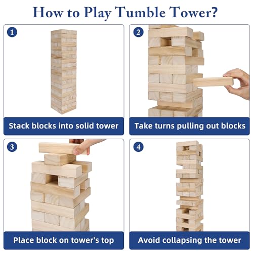 Offelec Tumbling Tower Blocks Games,Large Wooden Blocks Stacking Game for Kids Adults Family Classic Stacking Board Games for Indoor Outdoor Backyard Lawn Stack to Over 3.2Ft- 60pcs with Carrying Bag - style: Over 3.2Ft