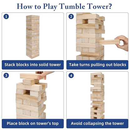 Offelec Tumbling Tower Blocks Games,Large Wooden Blocks Stacking Game for Kids Adults Family Classic Stacking Board Games for Indoor Outdoor Backyard Lawn Stack to Over 3.2Ft- 60pcs with Carrying Bag - style: Over 3.2Ft
