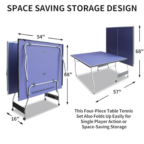8FT Mid-Size Table Tennis Table Foldable & Portable Ping Pong Table Set for Indoor Games with Net, 2 Table Tennis Paddles and 3 Balls