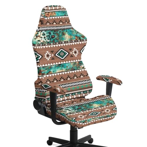 Aztec Leopard Print Computer & Gaming Chair Slipcover Breathable Stretchable Game Chair Cover with Armrest Covers Easy to Install - color: Brown and Green - Aztec Leopard