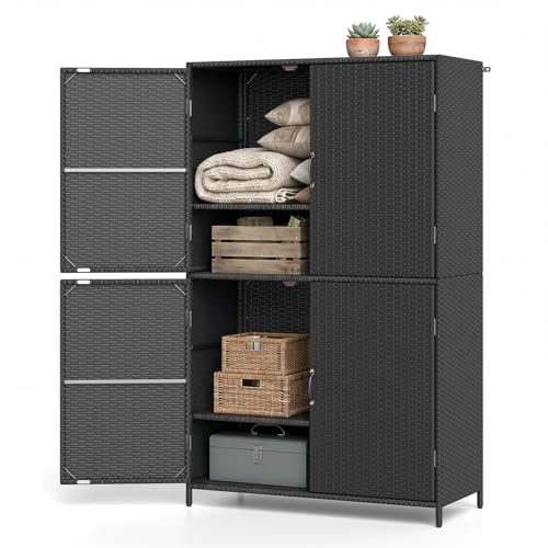 Tangkula Rattan Outdoor Storage Cabinet, Patiojoy Outdoor Cabinet with 2 Adjustable Shelves, 4 Doors, Patio Storage Deck Box Table for Patio Garden Poolside - color: Black, size: 35.5" x 16" x 58"
