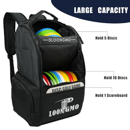 Disc Golf Bag, Durable Disc Golf Backpack Holds 22+ Discs, Large Capacity with Multiple Storage Pockets - color: Black
