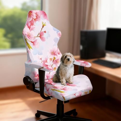 Suobstales Cherry Blossom Pattern Gaming Chair Cover, Stretchy 4pc/Set Ergonomic Office Computer Game Chair Slipcovers with Armrest Covers/Back Covers/Seat Cover for Reclining Racing Gaming Chair - color: Cherry Blossom
