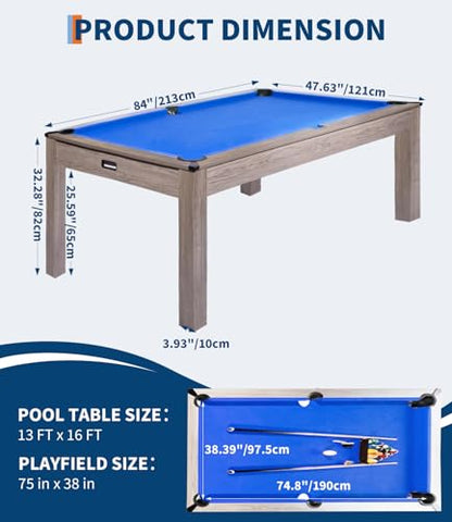 7 Foot Pool Table, Engineered Wood, 84" Billiard Tables with Black Felt for Game Room Home Office, - color: Blue