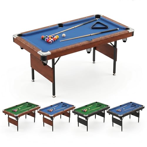 63.8 Inch Foldable Pool Table, No Assembly, Steel Folding Legs, 4-Point Leveling Feet, Complete Set — 16 Balls, Triangle, Chalk, Felt Brush - color: Blue Felt+Wood Color Frame