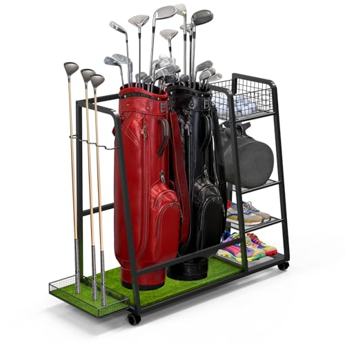 TooCust Golf Bag Storage Rack for Garage – Heavy Duty Golf Organizer Fits 2 Bags with Locking Wheels, Freestanding Golf Club Rack with Shelves & Turf Mat Base for Equipment, Shoes, Accessories