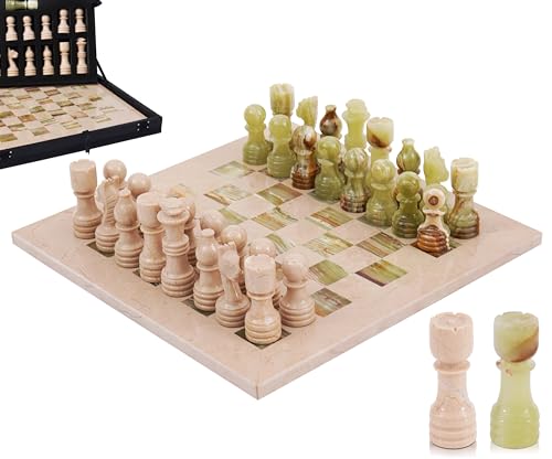 Marble Chess Set 12" Inches Verona and Green with Storage Box and 2 Extra Queen Handmade Classic Board Games for Adults, Luxury Chess Board & Marble Chess Set for Adults - color: Verona & Green