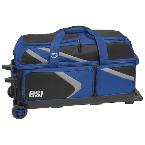 BSI Dash Roller Bowling Bag with Smooth Rolling Wheels, Padded Ball Compartment, Retractable Locking Handle, & Shoe Pocket - color: Black/Blue/Gray, style: Triple