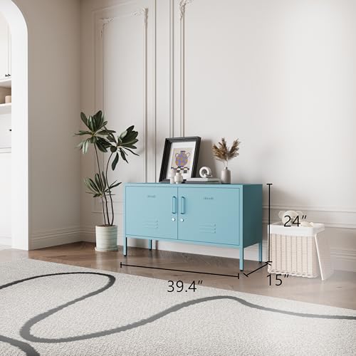 Blue Metal Accent Cabinet Locker with Lock, 2-Door Wide Storage Cabinet, Adjustable Shelves, Multifunctional TV Stand & Entertainment Center for Bedroom, Living Room - color: Ocean, style: TV stand-24"H-LK