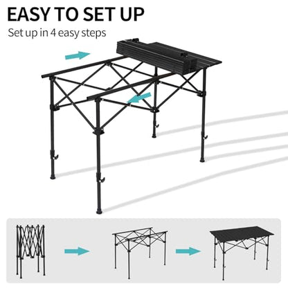 SHANQUAN Folding Camping Table, 46.5 × 21.7 Inches Portable Camp Table Aluminum Fold Up Lightweight Roll Up Table Adjustable Height with Carry Bag for Camping, Picnic, Backyard, BBQ, Patio, Black - size: 47.2*26.8 inch