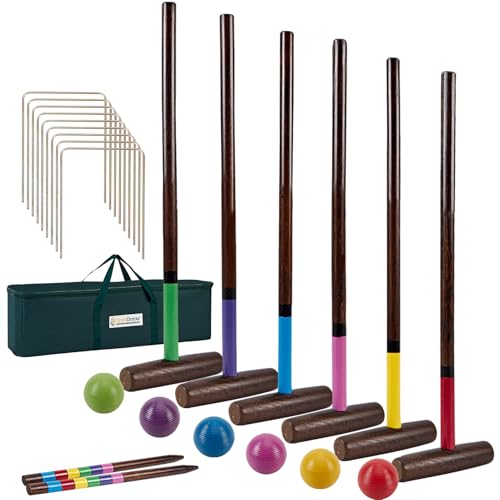 SpexDarxs Six Player Croquet Set, 28’’ Croquette Game with Premium Wooden Mallets/Colored Balls/Wickets/Stakes/Carrying Bag, Classic Family Games for Outdoor Backyard Lawn - style: 28'' Standard
