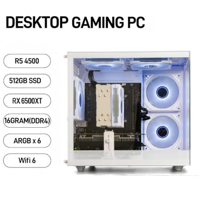 Gaming PC Desktop Computer - Ryzen 5 4500, Radeon RX 6500XT 4GB, 16GB DDR4 RAM, 512GB NVME SSD, Prebuilt Tower for 1080P Casual Gaming, Streaming, School & Home Office (White)