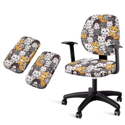 Office Chair Covers Stretchable Cat Gaming Chair Armrest Pads 4-Pc Set Unique Washable Dustproof Seat Cover for Office Chairs with Stylish Design - color: Cat
