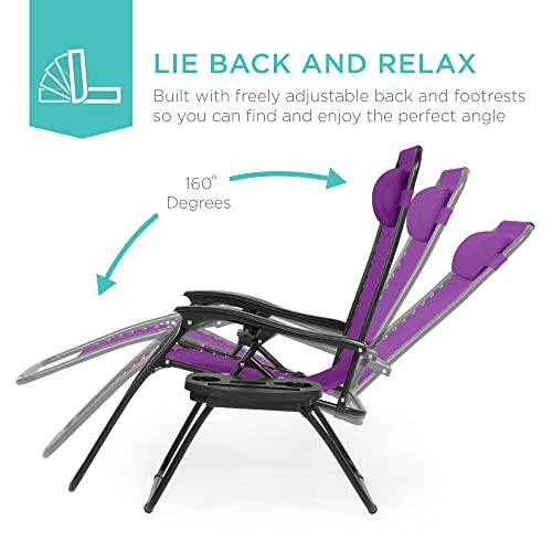 Best Choice Products Set of 2 Adjustable Steel Mesh Zero Gravity Lounge Chair Recliners w/Pillows and Cup Holder Trays - Amethyst Purple - color: Amethyst Purple, size: Standard