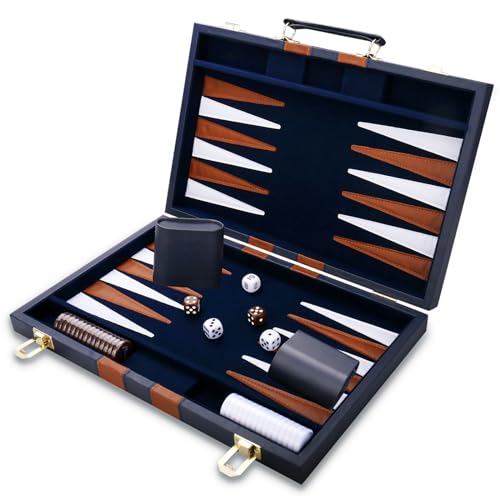 Backgammon Set - Classic Board Game with Premium PU Leather Case - Portable Travel Strategy Backgammon Game Set for Adults, Kids Family Game Night, Vacation & Gifts (18inch Large, Navy) - color: Navy, style: 18inch