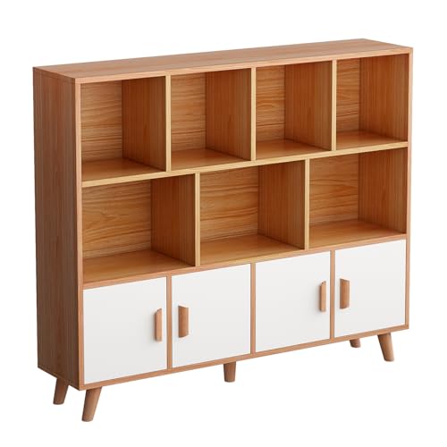 OSCHF Cubby Shelf Bookcase with Doors - Wooden 11 Cube Floor Standing Open Bookshelf with Solid Wood Legs, 3-Tier Storage Cabinet, Oak and Warm White - color: Oak + White