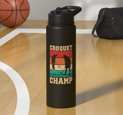 Croquet Champ Retro Funny Lawn Game Player Quote Stainless Steel Insulated Water Bottle - color: Black