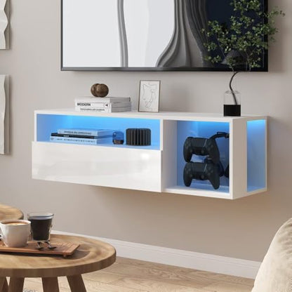 55" White TV Gaming Console with LED Lights - 4 Controller Hooks & 2 Headphone Hooks, Hidden Storage Cabinet, 30KG Top Load Capacity (White + Particle Board,Small) - size: Small