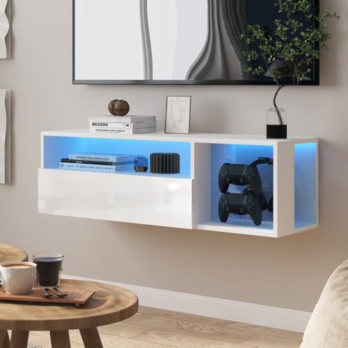 55" White TV Gaming Console with LED Lights - 4 Controller Hooks & 2 Headphone Hooks, Hidden Storage Cabinet, 30KG Top Load Capacity (White + Particle Board,Small) - size: Small