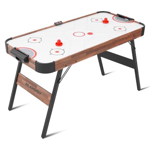 56” Foldable Air Hockey Table, Folding Indoor Hockey Game Table w/Accurate Electronic Scoring, Powerful Motor, 2 Pucks and 2 Pushers for Adults Kids, Home Game Room - color: Walnut
