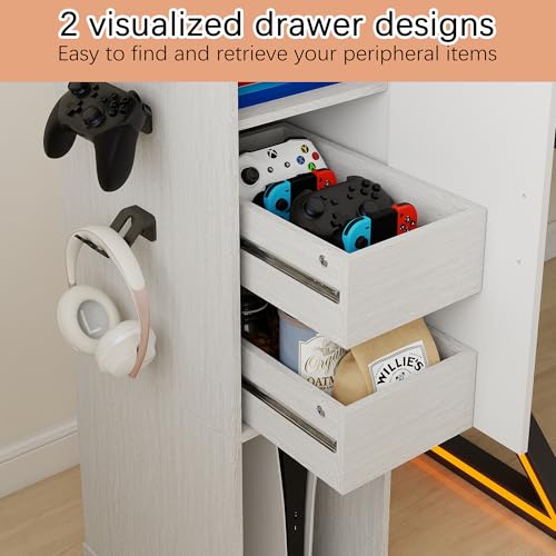 RASOO Media Cabinet, AV Media Stand Game Console Stand with Drawers Inside Media Audio Tower Rack with Hooks，Game Storage Cabinet for PS5 and Xbox
