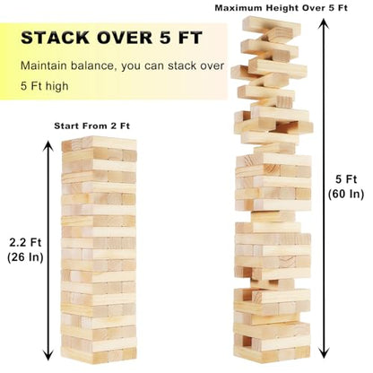 60 PCS Giant Tumbling Tower Game,Jumbo Outdoor Games for Adults & Family, 5 FT Premium Wooden Blocks Stacking Toys with Carry Bag for Backyard, Lawn, Party, Camping - size: Large Size