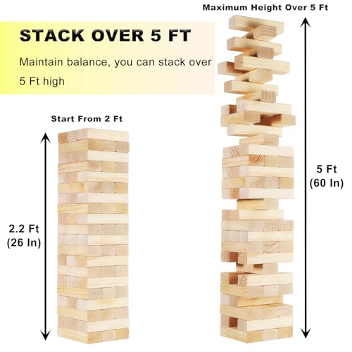 60 PCS Giant Tumbling Tower Game,Jumbo Outdoor Games for Adults & Family, 5 FT Premium Wooden Blocks Stacking Toys with Carry Bag for Backyard, Lawn, Party, Camping - size: Large Size
