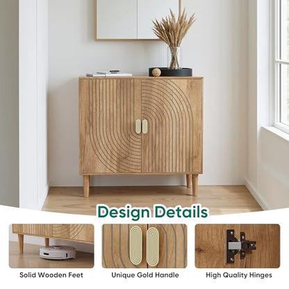 Smuxee Oak Sideboard Cabinet, Freestanding Buffet Cabinet with Line Groove Design, Wood Storage Cabinet with Adjustable Shelf for Living Room, Entryway, Hallway - color: Oak