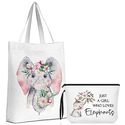 Sieral 2 Pcs Animal Lover Bag Gift for Women Travel Canvas Tote Portable Zipper Pouch Canvas Reusable Grocery Tote - style: Elephant