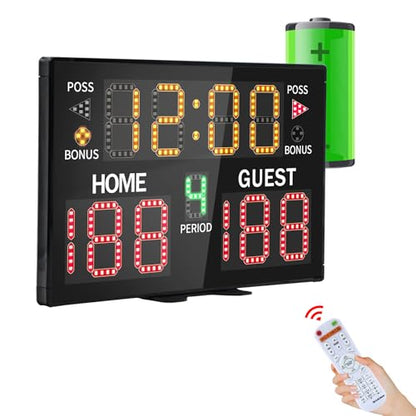 Basketball Digital Scoreboard with Remote,Battery Powered Portable Tabletop Electronic Scoreboard with 75dB Buzzer,Countdown Timer & Score for Games