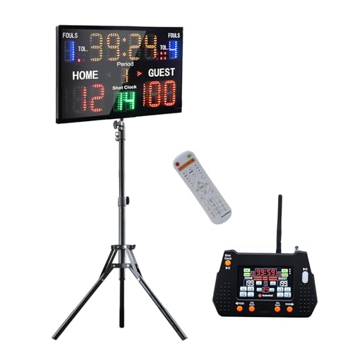 YZ LED Basketball Scoreboard with Shot Clock, Portable Scoreboard Basketball, Digital Scoreboard with Remote, Electronic Scoreboard with Timer Clock, Digital Score Keeper Outdoor - style: remote & panel control (with tripod)