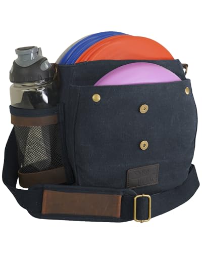 Disc Golf Bag | Frisbee Golf Bag | Easy to Carry | Lightweight Fits Up to 10 Discs | 16 oz Waxed Canvas Sturdy Design | Belt Loop | Double Button Design | Bottle Holder - style: Waxed Canvas / Leather - Black