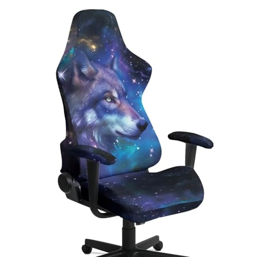 Suobstales Galaxy Wolf Pattern Game Chair Cover with 1 Pair Armrest Cover, Anti-Scratch Protection Rotating Chair Slipcovers, Stretchy Covers for Racing Gaming Chair - color: Galaxy Wolf