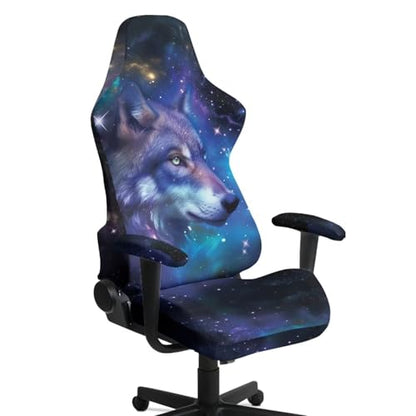 Suobstales Galaxy Wolf Pattern Game Chair Cover with 1 Pair Armrest Cover, Anti-Scratch Protection Rotating Chair Slipcovers, Stretchy Covers for Racing Gaming Chair - color: Galaxy Wolf