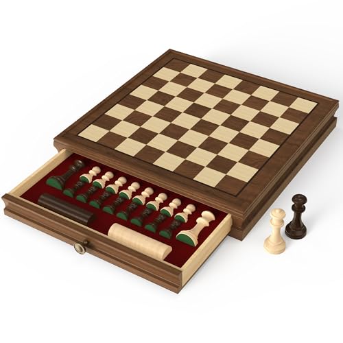 Premium Natural Walnut 13" x 13" Magnetic Wooden Chess Set with 1 Built-in Storage Drawers - 2 Bonus Extra Queens - 24 Checkers Pieces - Staunton Chess Pieces, Board Games Chess Sets - color: Brown