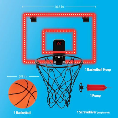 Over-The-Door LED Basketball Hoop with Electronic Scoring & Sound, Light-Up Backboard, Indoor Mini Sports Game, Includes Countdown Timer, Mute Mode, Metal Rim, Easy Setup