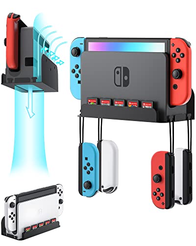 Wall Mount for Nintendo Switch 1 and Switch OLED, Metal Wall Mount Shelf Kit with 5 Game Card Holders and 4 Joy Con Hooks, Safely Store Switch Console Near or Behind TV, Black - color: Black