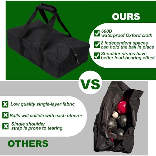 Fockety Bocces Ball Carry Bag with 8 Compartments, Portable Storage Bag for bocces Set, Water Proof Oxford Fabric, Padded Handle and Detachable Shoulder Strap for Outdoor Games
