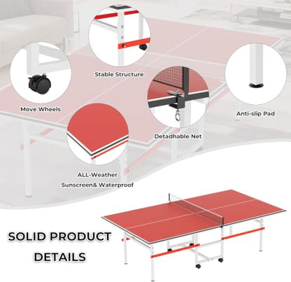 8X4FT Foldable Ping Pong Table,Professional Table Tennis Table with Net,2 Table Tennis Paddles and 3 Balls - Tournament Quality for Indoor/Outdoor - color: Red