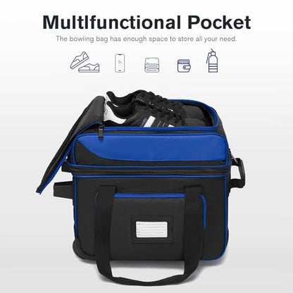 Single Roller Bowling Bag with Wheels, 1 Bowling Ball Bag with Separate Shoe Compartment and Retractable Handle Extends to 37.0 Inches, Padded Foam Ball Insert - color: Blue