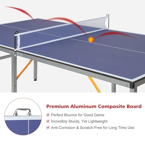 Mid-Size Table Tennis Table Foldable & Portable 6ft Ping Pong Table Set, 2 ping-Pong Bats and 3 Balls, Available Indoors and Outdoors