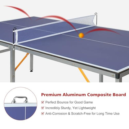 Mid-Size Table Tennis Table Foldable & Portable 6ft Ping Pong Table Set, 2 ping-Pong Bats and 3 Balls, Available Indoors and Outdoors