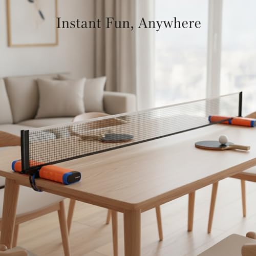 Retractable Table Tennis Net Set, Portable Nylon Ping Pong Net for Flat Surfaces, Damage-Free Setup - color: Orange