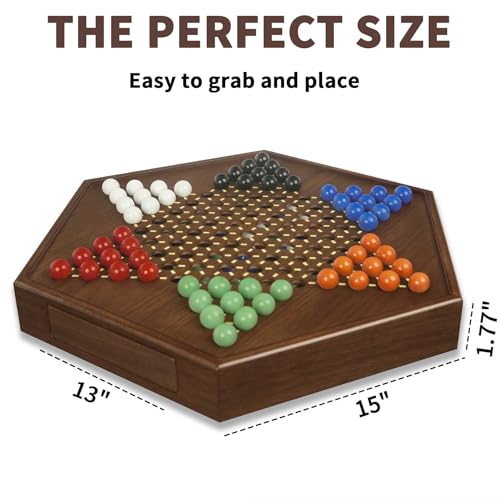 Chinese Checkers Board Game - 15” Large Wooden Checkers Game with Storage Drawer, 16mm Glass Marbles (60 + 12 Extras), Classic Family Strategy Game for 2-6 Players - size: 15"
