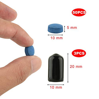 CM Pack of 50 Billiard Cue Tips Glue-on Pool Tips Replacement Kit 10mm Pool Stick Tips with Cue Tip Rubber Protector Cover for Pool Cues and Snooker-Blue