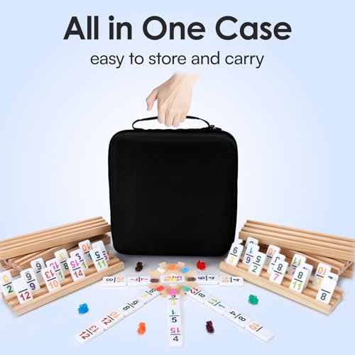 Mexican Train Dominoes Set Double 15 Number Domino Tiles, 136 Colorful Number Dominos Tiles with 8 Wooden Racks, Hub & Trains, Portable Domino Game Set for Adults Kids Families - style: Double 15 Number+8 Racks