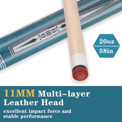 10mm11mm12mm13mm Billiard Pool Cue Stick Set, 20 oz 58 inch Canadian Maple Cue Stick Irish Linen Wrap, Cue Stick for Beginner, Commercial and Home Entertainment - color: 11mm Sky Blue with case